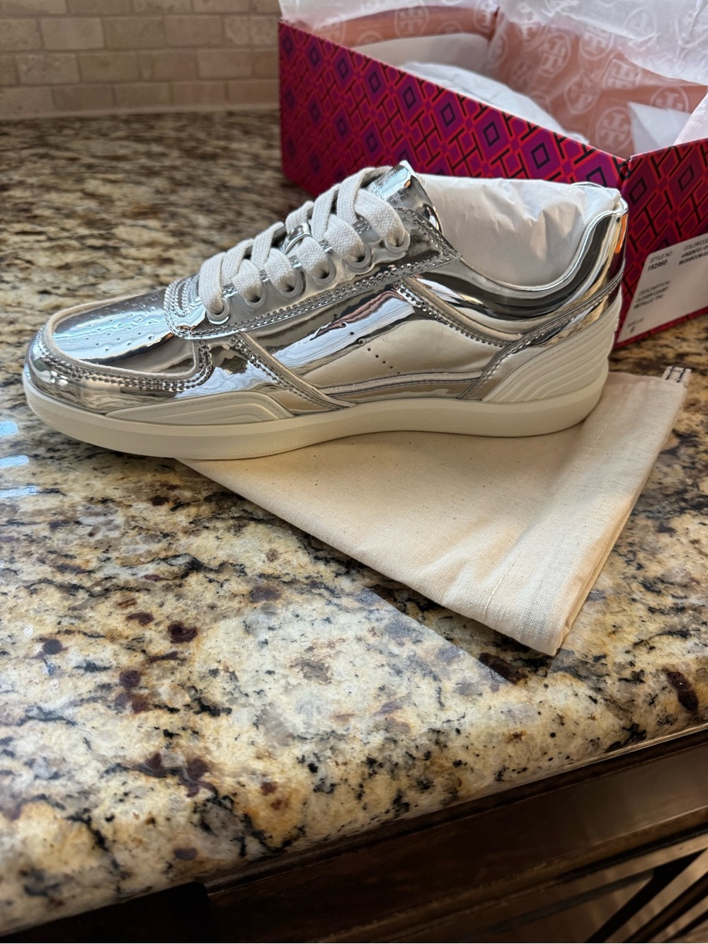 Tory Burch Metallic Silver Low-Top Logo Sneaker - Picture 2 of 8